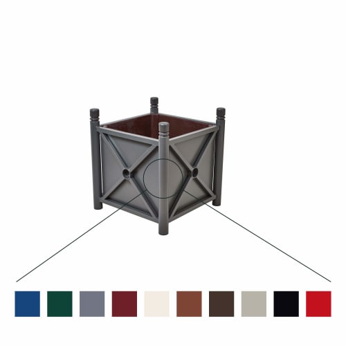 Pflanzenkübel PROVINCE aus Stahl in grauer Farbe mit dekorativem Kreuzmuster und vier Pfosten