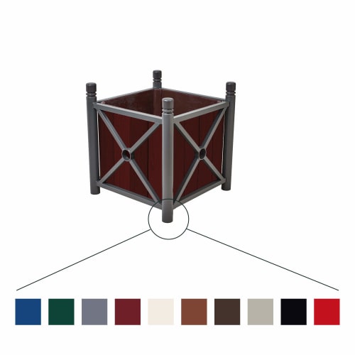 Pflanzenkübel PROVINCE aus Holz und Stahl in dunkelroter Farbe mit grauem Stahlrahmen
