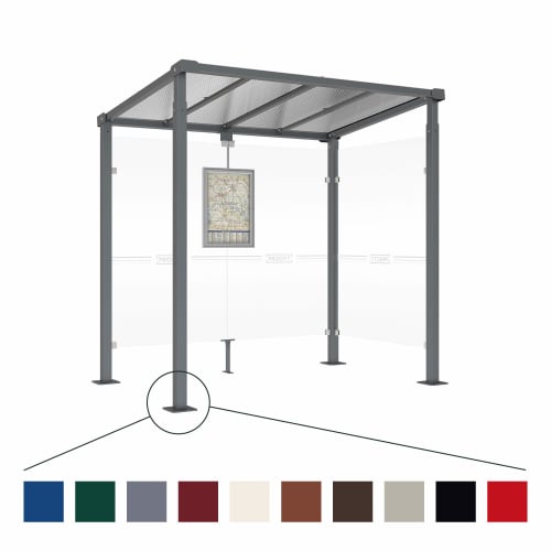 Wartehalle MILANO mit grauem Metallrahmen und transparenten Seitenwänden, überdacht mit einem perforierten Dach