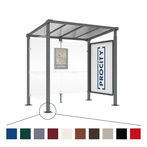 Wartehalle MILANO mit Schaukasten aus Metall und Glas, mit transparenten Seitenwänden und einem überdachten Dach