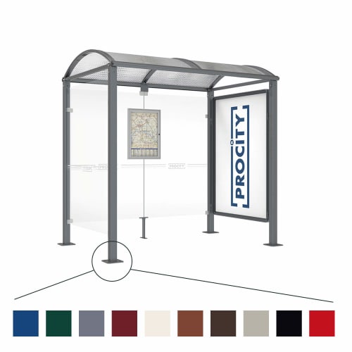 Wartehalle ProCity mit Schaukasten aus Metall und Glas mit gebogenem Dach und verschiedenen Farboptionen