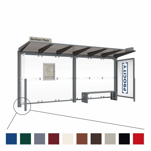 Modernes Wartehäuschen VENEDIG mit transparenten Wänden, Sitzbank und integriertem Schaukasten am Berliner Platz