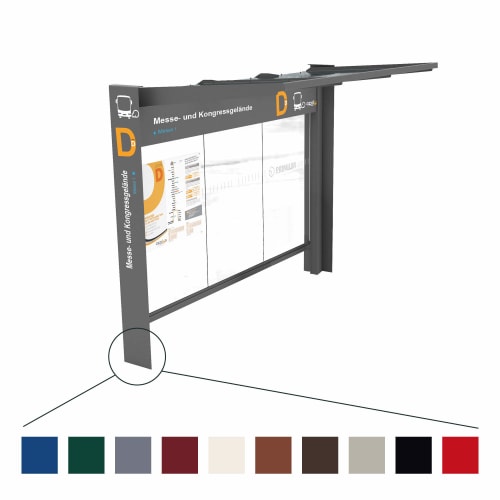 Buswartehalle Kube aus Stahl in dunkelgrauer Farbe mit transparenten Seitenwänden und Informationsanzeige