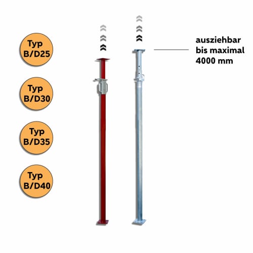 Schake Euro Schalungsstütze Klasse B Baustütze Deckenstütze ausziehbar bis maximal 4000 mm in den Typen B/D25, B/D30, B/D35, B/D40