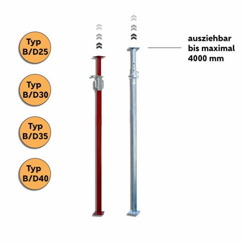 Schake Euro Schalungsstütze Klasse B/D Baustütze Deckenstütze ausziehbar bis maximal 4000 mm in verschiedenen Typen B/D25, B/D30, B/D35, B/D40
