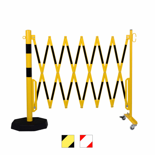Gelbes Scherengitter FLEX mit mobilem Absperrpfosten und Rollen, schwarz-gelbe Warnmarkierungen