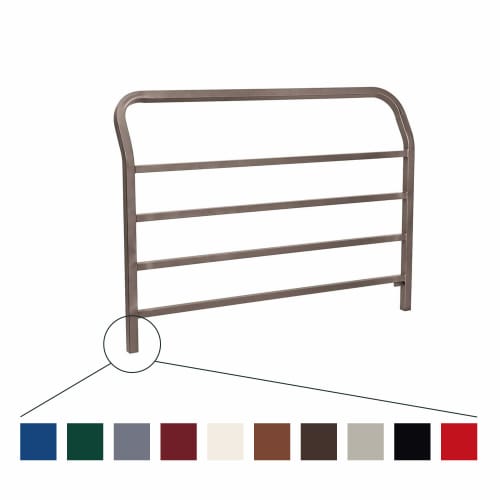 Stadtgeländer CONVI® aus Metall mit vier horizontalen Streben und abgerundeten Ecken, verschiedene Farboptionen unten dargestellt