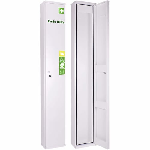Stehschrank NovoLine 4 für Krankentrage N1 weißer Erste Hilfe Schrank mit geöffnetem und geschlossenem Tür