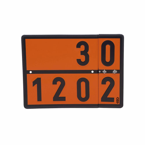 Warntafel mit Wechselziffern für Dieselkraftstoff, leichtes Heizöl und Benzin, orange mit schwarzen Zahlen 30 und 1202