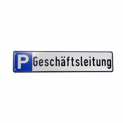 Metallschild mit Parksymbol und Aufschrift Geschäftsleitung
