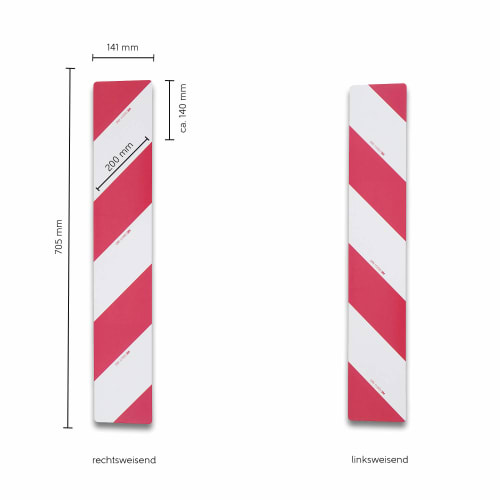 8er Set ORAFOL Containerwarnmarkierung rechtsweisend und linksweisend mit den Maßen 705 mm Höhe, 141 mm Breite und 200 mm diagonale weiße Streifen