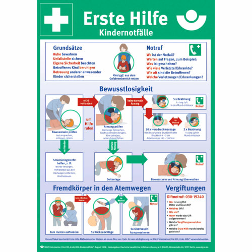 Aushang Erste Hilfe bei Kindernotfällen mit Anleitungen zu Bewusstlosigkeit, Fremdkörper in den Atemwegen und Vergiftungen nach DGUV-Information 204-039