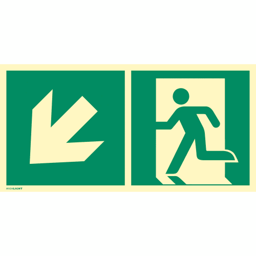 Kombischild Notausgang links abwärts mit grünem Pfeil und laufender Person, ISO 7010 E 001, ISO 3864, ISO 16069