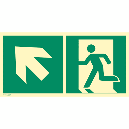 Kombischild Notausgang links aufwärts mit grünem Hintergrund und weißem Piktogramm nach ISO 7010, ISO 3864, ISO 16069