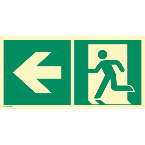 Kombischild Notausgang links mit grünem Pfeil nach ISO 7010 E 001, ISO 3864, ISO 16069