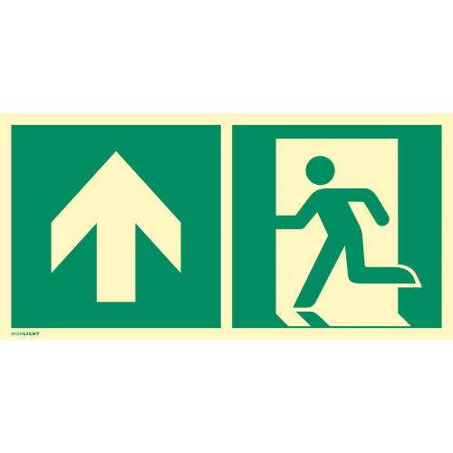 Kombischild Notausgang nach oben mit Pfeil nach links, grün-weiß, ISO 7010 E 001, ISO 3864, ISO 16069