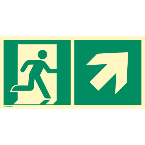 Kombischild Notausgang rechts aufwärts mit Fluchtwegesymbol und Pfeil nach ISO 7010 E 001, ISO 3864, ISO 16069