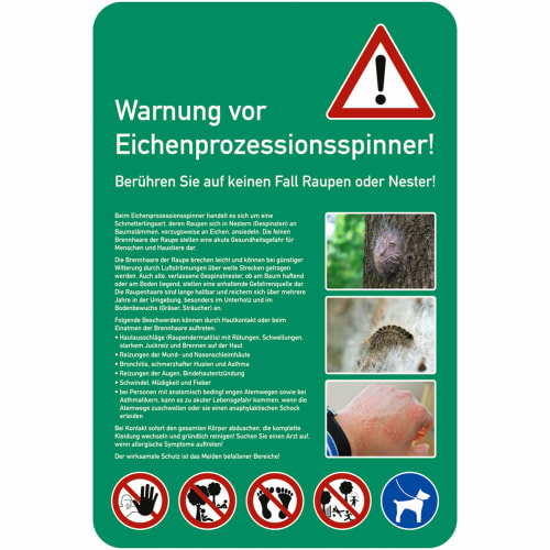 Warntafel Warnung vor Eichenprozessionsspinner mit Text und Bildern von Raupen und Hautreaktionen