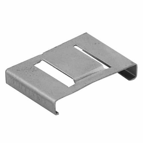 Edelstahllasche zur Befestigung auf Alform-Klemmteil aus Edelstahl mit rechteckigen Aussparungen