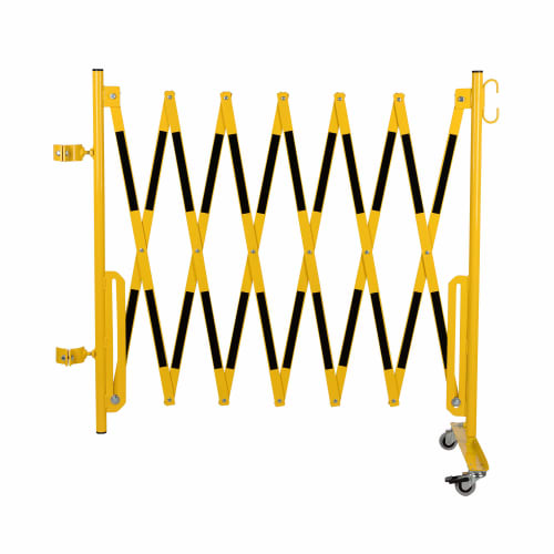 Gelbes Scherengitter FLEX mit schwarzen Streifen, Montagekit und Rollen für Sicherheitsgeländer PROFI