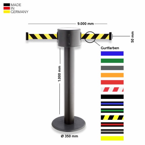 Gurtabsperrpfosten TITAN DUO (GLAD 85) mit doppelter Absperrdistanz, schwarz mit gelb-schwarzem Absperrband, Höhe 1000 mm, Durchmesser 350 mm, Bandlänge 9000 mm