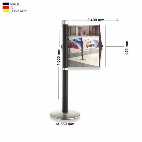 Gurtabsperrpfosten GLA 30 mit Werbebanner, Höhe 1000 mm, Breite Banner 2400 mm, Tiefe Banner 470 mm, Durchmesser Fuß 360 mm, Made in Germany