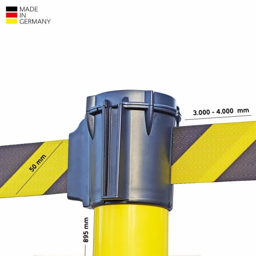 Gurtabsperrpfosten EASY mit befüllbarem Standfuß, gelber Pfosten mit schwarzem Gurt und gelben Streifen, Maße 895 mm Höhe, Gurtbreite 50 mm, Gurtlänge 3.000 - 4.000 mm