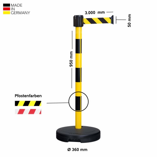 Gurtabsperrpfosten BASIC mit befüllbarem Standfuß, gelb-schwarz gestreift, 950 mm hoch, 360 mm Standfußdurchmesser, 3 Meter Gurtlänge