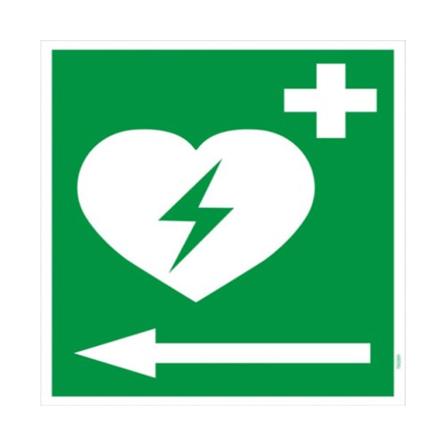 Grünes Schild mit weißem Herz und Blitzsymbol, Pfeil zeigt nach links, Defibrillator Hinweis