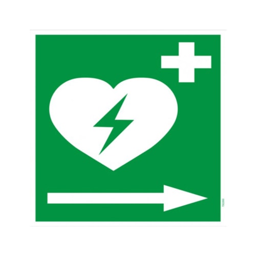 Grünes Schild mit weißem Herz und Blitzsymbol, weißem Kreuz und Pfeil nach rechts, Defibrillator Hinweis