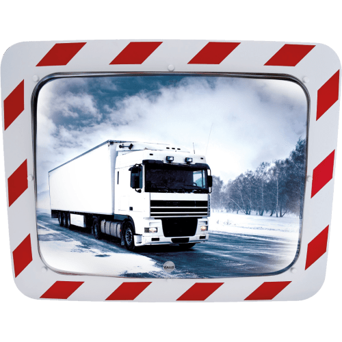 Verkehrsspiegel mit rotem und weißem Rand zeigt einen weißen LKW auf verschneiter Straße, Anti-Frost und Anti-Beschlag Funktion