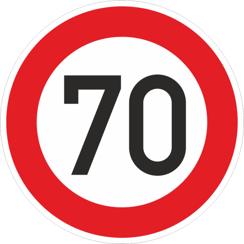 Verkehrsschild zulässige Höchstgeschwindigkeit 70 km/h mit rotem Rand und schwarzer Zahl 70