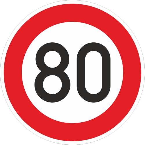 Verkehrsschild zulässige Höchstgeschwindigkeit 80 km/h mit rotem Rand und schwarzer Zahl 80