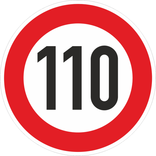 Verkehrsschild zulässige Höchstgeschwindigkeit 110 km/h mit rotem Rand und schwarzer Zahl 110