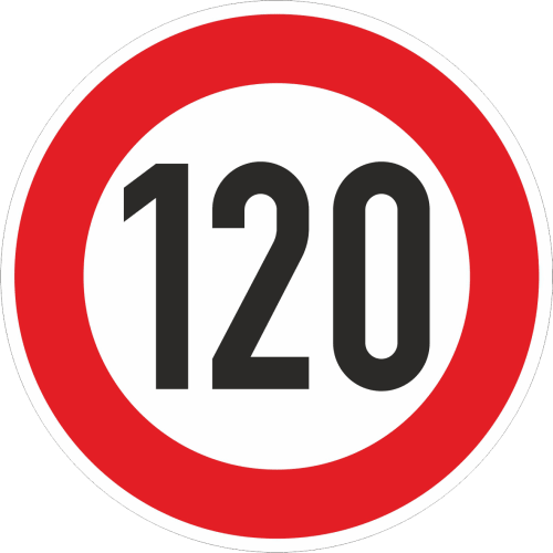 Verkehrsschild zulässige Höchstgeschwindigkeit 120 km/h mit rotem Rand und schwarzer Zahl 120