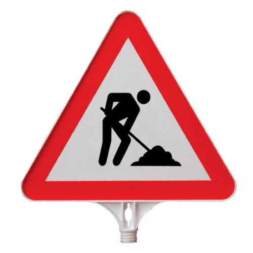Dreieckiges Baustellenschild mit rotem Rand und schwarzer Figur beim Arbeiten