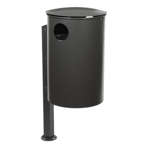Rund-Abfallbehälter mit 2-fach Einwurf, schwarzer Metallmülleimer mit Deckel und Pfosten, 50 Liter Fassungsvermögen