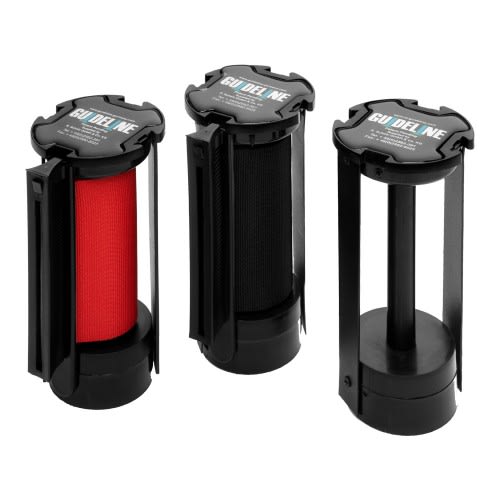 Gurtkassette mit 10 cm breitem Gurtband in verschiedenen Farben, inklusive rotem und schwarzem Gurtband, mit schwarzem Gehäuse