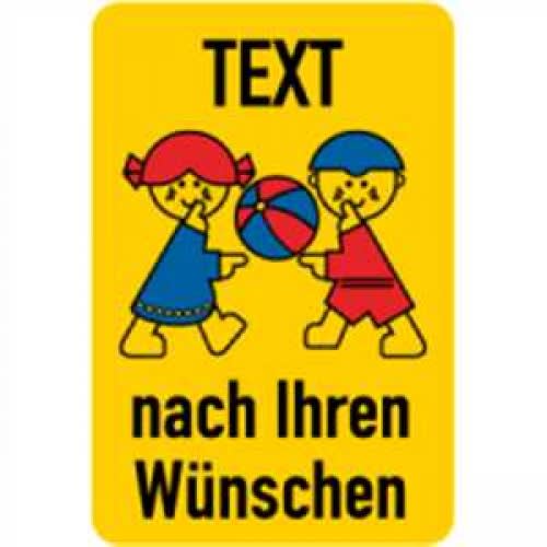 Spielplatzschild mit zwei spielenden Kindern, Text nach Ihren Wünschen, gelber Hintergrund