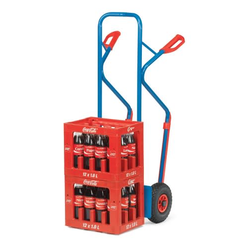 FETRA Stahlrohrkarre B1330L mit kleiner Schaufel und auswechselbaren Gleitkufen, Tragkraft 300 kg, mit zwei Kisten Coca-Cola Flaschen