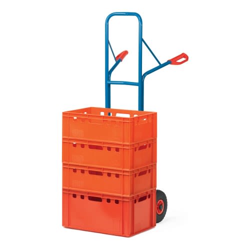 FETRA Stahlrohrkarre B1328L mit großer oranger Schaufel und hohem blauem Gestell, beladen mit drei orangen Kunststoffkisten