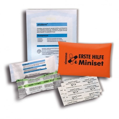 Erste-Hilfe-Miniset Söhngen mit oranger Tasche und Verbandmaterial