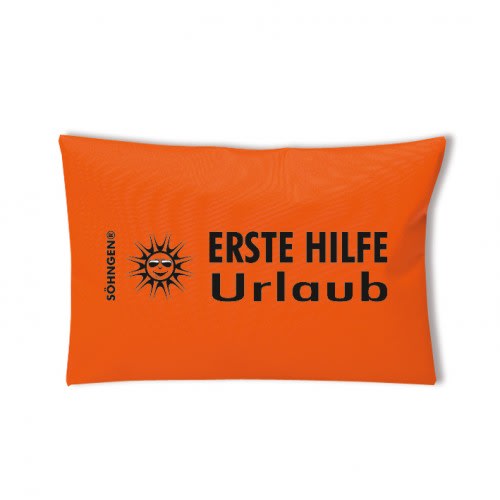 Oranges Erste Hilfe Set für Urlaub mit schwarzem Söhngen Logo und Schriftzug Erste Hilfe Urlaub