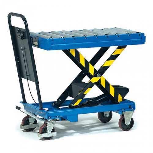 FETRA Rollenbahn 6890 mit Aufsteckrahmen und Tragkraft 500 kg, blaue Hubwagen mit Rollenbahn und gelb-schwarzen Sicherheitsstreifen