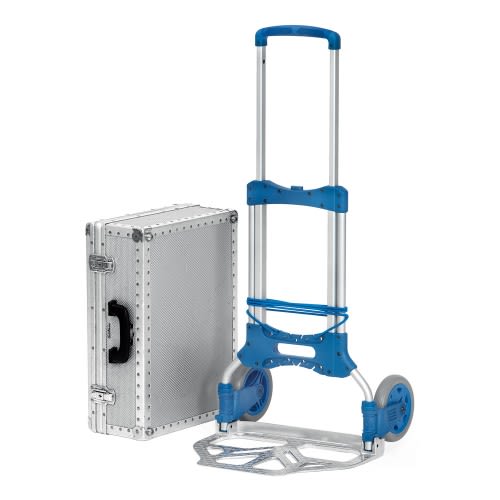 FETRA Paketroller 1732 mit blauen Griffen und Tragkraft 125 kg neben silbernem Transportkoffer