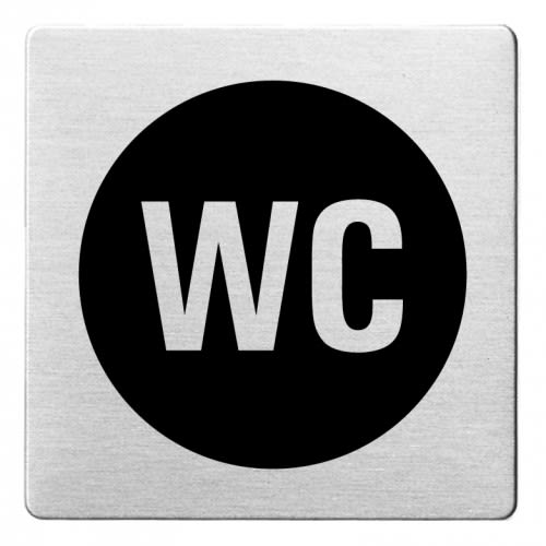 Textschild WC mit abgerundeten Ecken in Schwarz auf silbernem Hintergrund