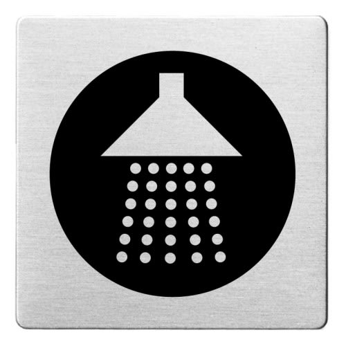 Piktogramm einer Dusche mit abgerundeten Ecken in Schwarz auf silbernem Hintergrund