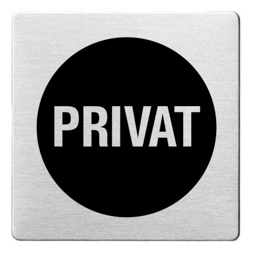 Textschild mit abgerundeten Ecken und schwarzem Kreis mit weißem Schriftzug Privat