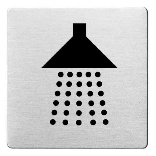 Piktogramm einer Dusche mit abgerundeten Ecken auf metallischem Hintergrund