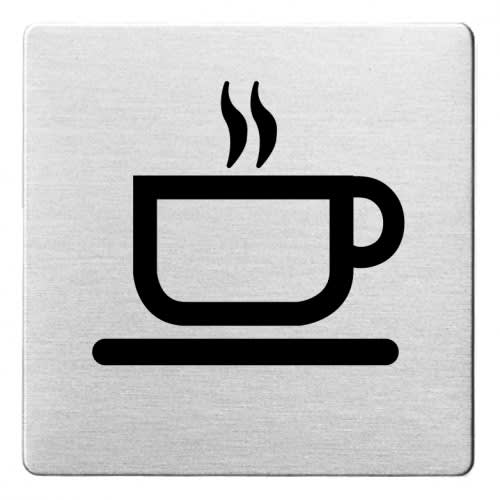 Piktogramm einer Kaffeetasse mit Dampf auf einem abgerundeten quadratischen Schild